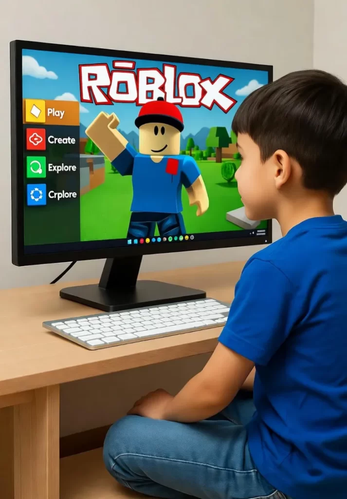 A young child playing Roblox on a laptop, representing parents’ concerns over intellectual property infringement, sexual assault risks, and the Roblox lawsuit refers to pursuing legal action to protect kids and safeguard intellectual property rights.