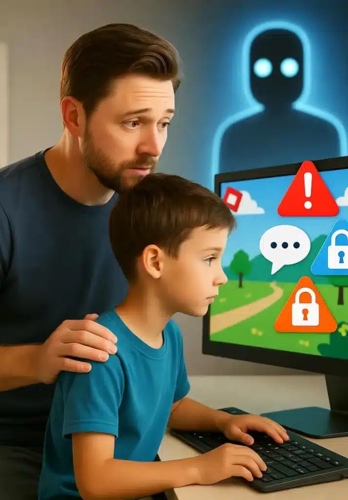 A child sits at a computer as parents watch nearby, ensuring online safety while kids play Roblox. The screen shows colorful games with moderate crude humor as kids play Roblox responsibly and safely. Parents monitor as kids play Roblox together online.