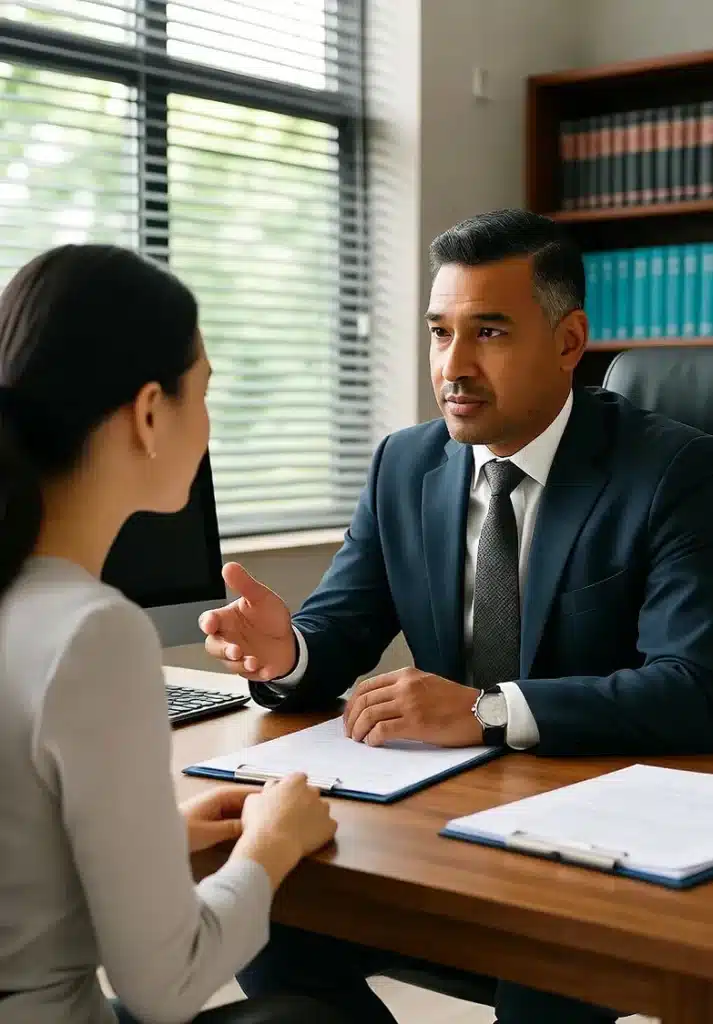 Daycare sexual abuse lawyer giving a consultation to parents whose child was harmed in negligent facilities with too many children or many children, discussing legal action for exposing oneself and covering medical expenses.