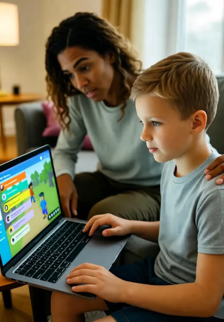 A concerned parent sits with their child discussing online safety after reports involving Roblox CEO and pending litigation, highlighting the role of mental health organizations, Attorney General Russell Coleman, law enforcement, and stronger parental controls for greater control online.
