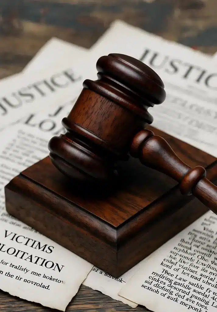 Judge’s gavel placed on legal documents symbolizing sexual exploitation and abuse law, with ray ID.