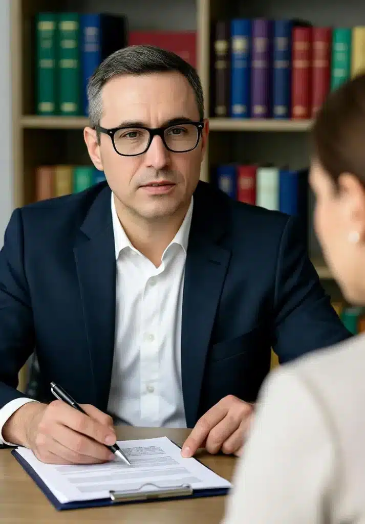 A compassionate teacher sexual assault lawyer in NYC speaks with a victim of child sexual abuse, offering guidance and support. The scene emphasizes access to mental health services for those sexually abused in child abuse cases, showing a caring legal advocate helping survivors seek justice and recovery.
