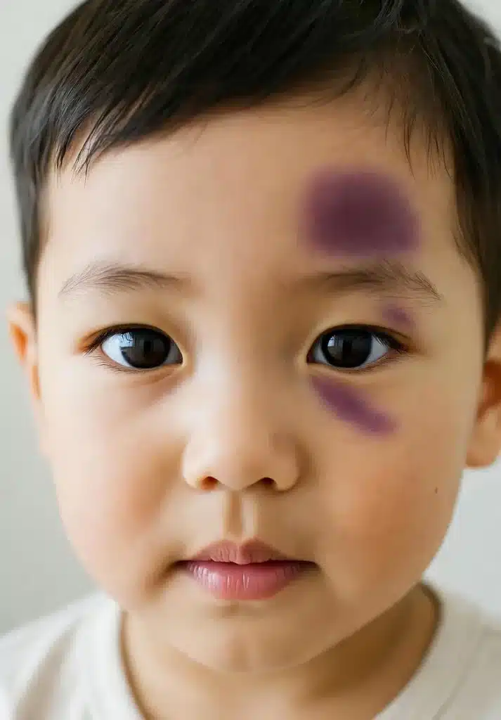 A concerned parent comforts a young child showing emotional scars and fear, highlighting signs of daycare abuse. The image symbolizes neglect of a child’s basic needs, possible broken bones, and emotional trauma often caused when a caregiver is abusing alcohol, emphasizing the importance of keeping children safe.