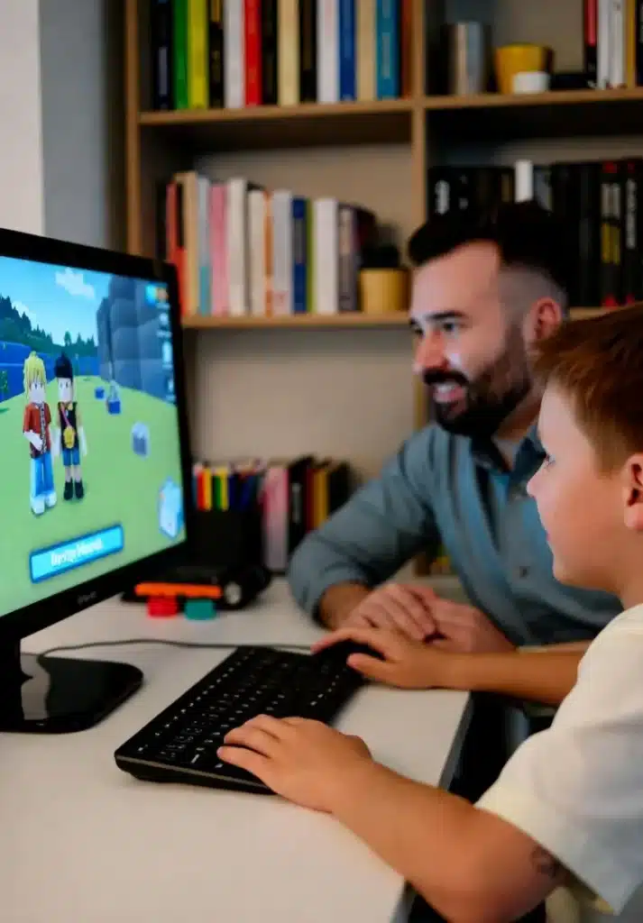 A child playing Roblox on a device while Delaware's government discusses online safety and the state's economy; a Delaware judge reviews platform liability cases, showing legal expertise dating back years as another Delaware judge examines new legal expertise dating trends.