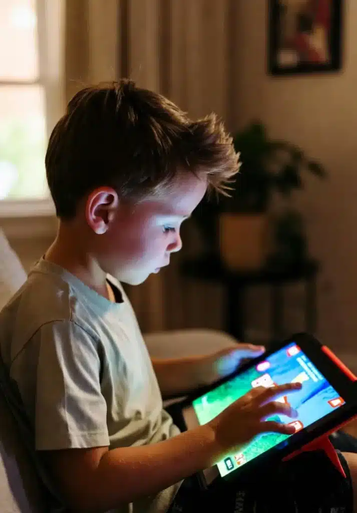 A child playing Roblox on a tablet, while automated tools monitor activity, highlighting concerns prompted Roblox to enhance safety; users accessing chat features are guided by automated tools, addressing concerns prompted Roblox policies, ensuring users accessing chat features remain protected.