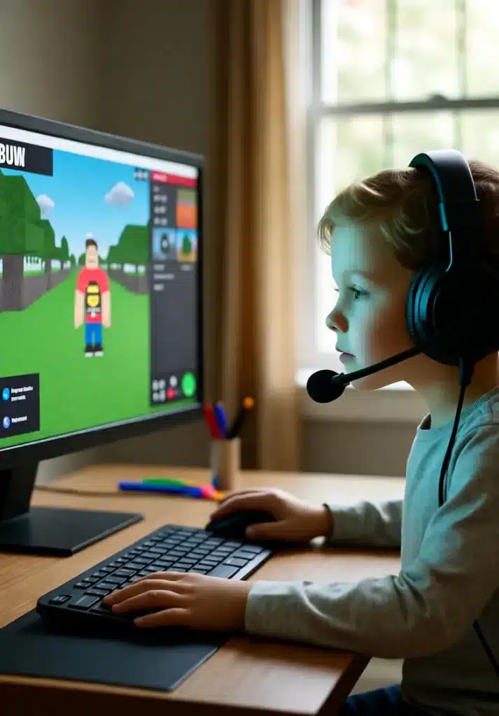 A child playing Roblox and talking with friends online, unaware of hidden risks like child sexual abuse material and sexual assault, while experts are talking about stronger safety policies to protect young players. speak