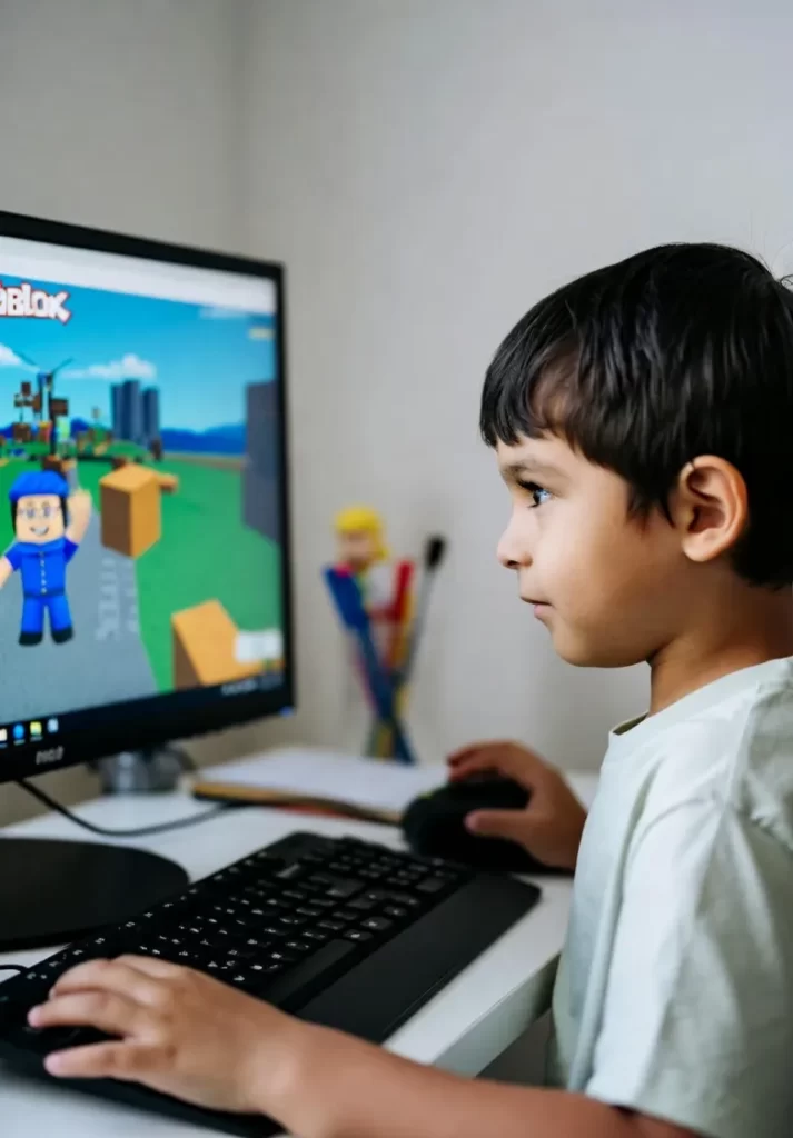 A child playing Roblox on a computer, highlighting concerns raised in roblox child exploitation lawsuits and reports from the National Center about online enticement. Critics say Roblox executives ignored risks, turning the platform into a hunting ground with loot boxes and sexually explicit images that led some victims to take their own life, raising questions about human-computer interaction safety.
