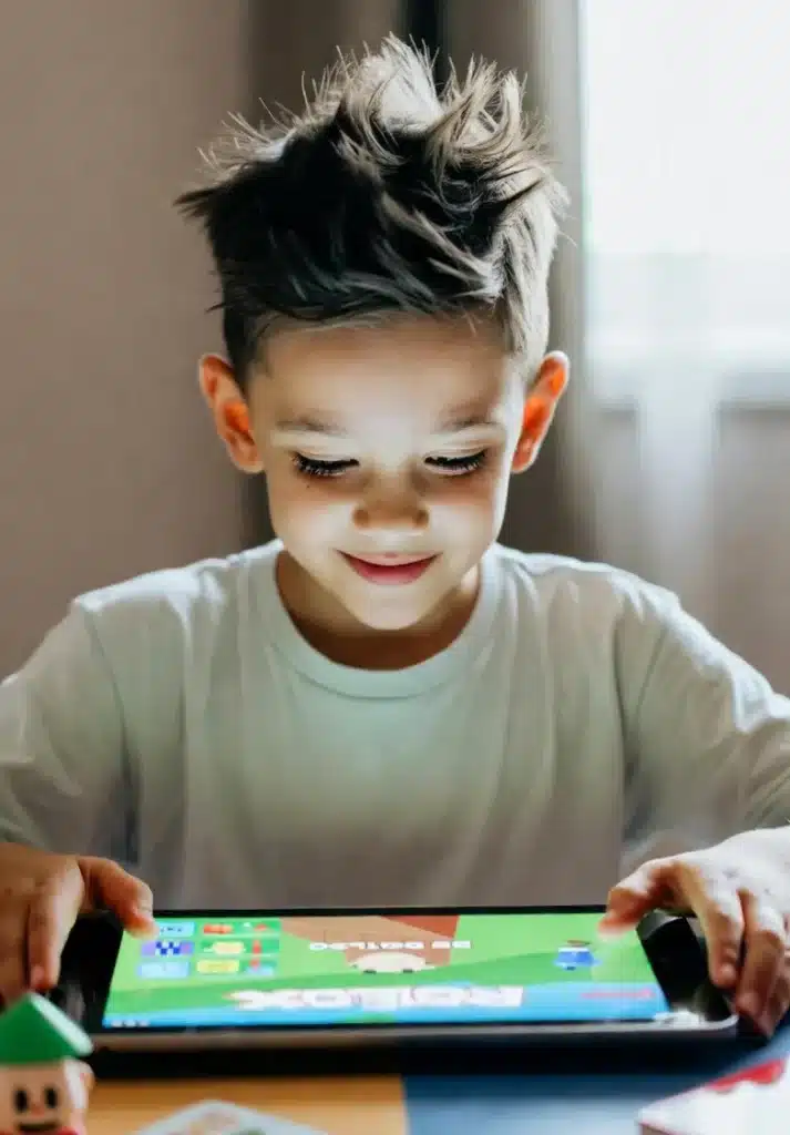 A 12-year-old child playing Roblox on a tablet while other parents discuss online safety, warning about sexually explicit images, sexual activities and text messaging risks faced by another 10-year-old using the platform.