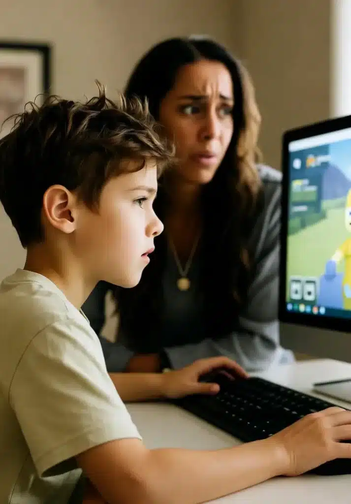 A child playing Roblox on a tablet while the tv's watch history shows related content that may influence TV recommendations. Ethan Dallas appears twice on screen as a suggested profile before an error occurred message pops up. A Crisis Lifeline reminder flashes near the cancel confirm share buttons. deeply saddened and retrieving sharing information.